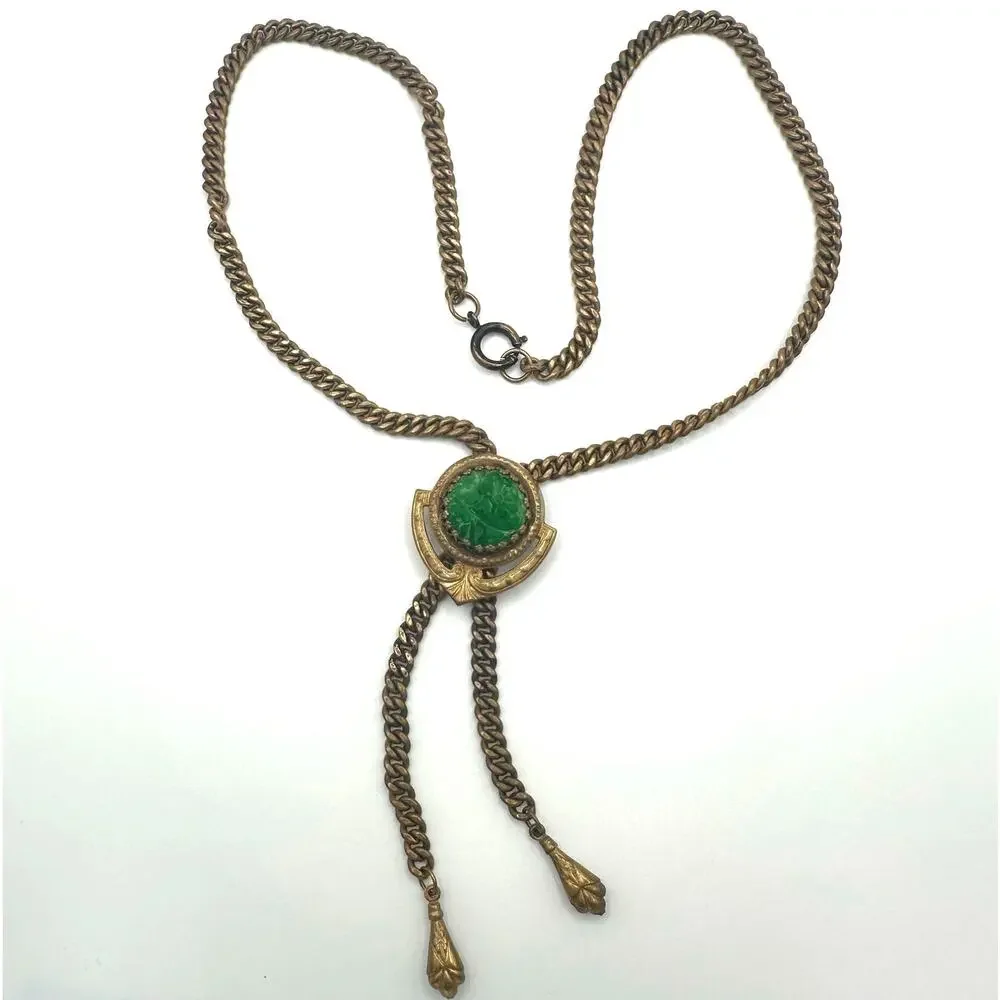 Antique vintage Victorian Revival brass molded green glass slider fob necklace